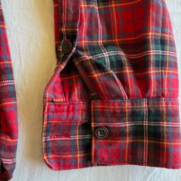 Eddie Bauer Woman's Red Plaid Flannel Shirt with faux leather shoulder patch - Picture 4 of 8